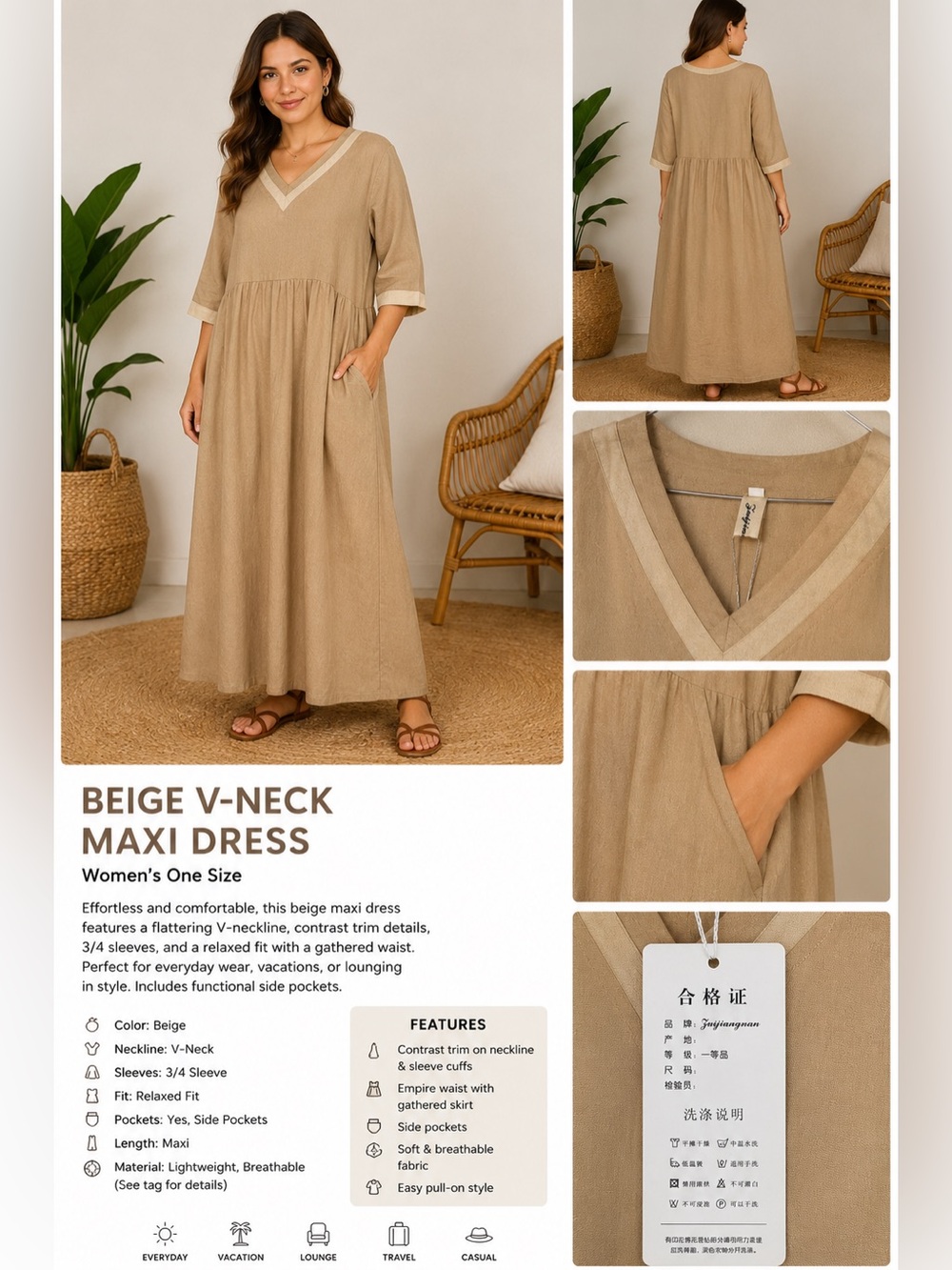 Women’s Beige Linen Look Maxi Dress V-Neck Pockets Relaxed Boho Cottagecore NWT